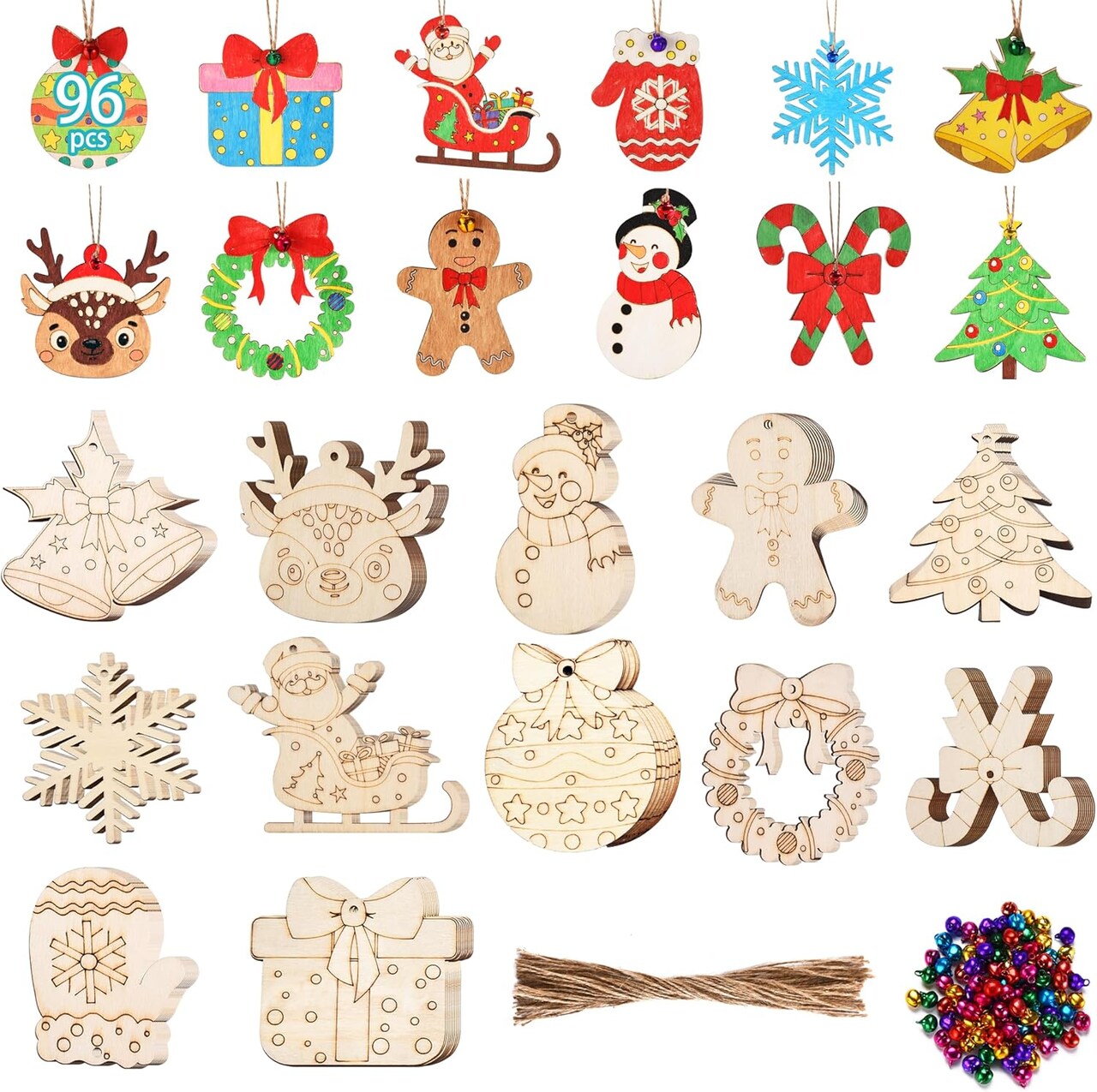 96 Pcs Wooden Christmas Ornaments Unfinished Wood Slices, Wooden Christmas Tree Hanging Ornaments for DIY Art Craft with 12 Styles, DIY Wooden Christmas Ornaments Hanging Decorations Kit